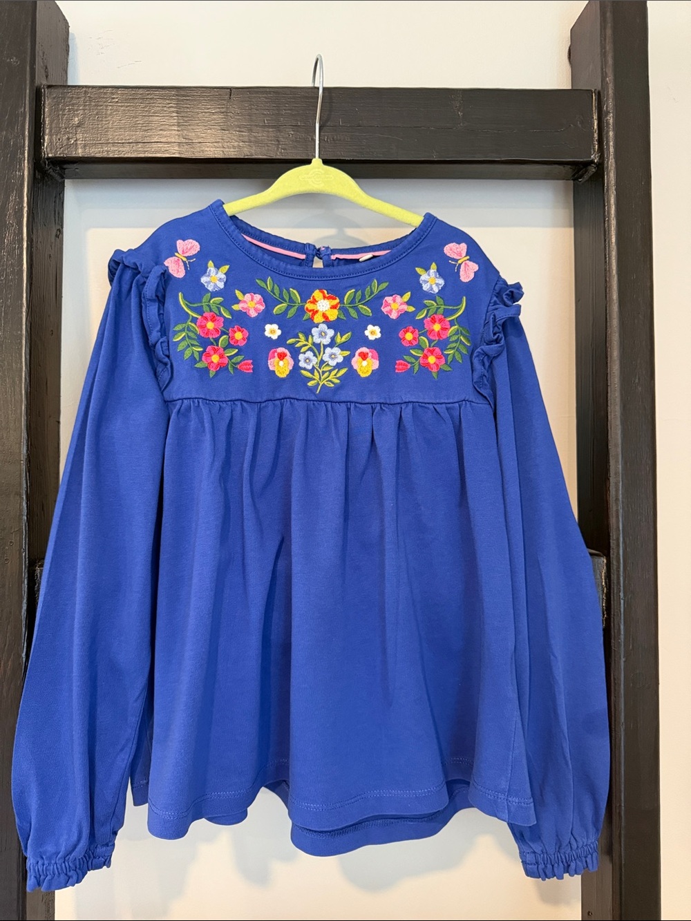 Mini Boden Royal Blue Long-Sleeve Top with Floral Embroidery size 8-9Y